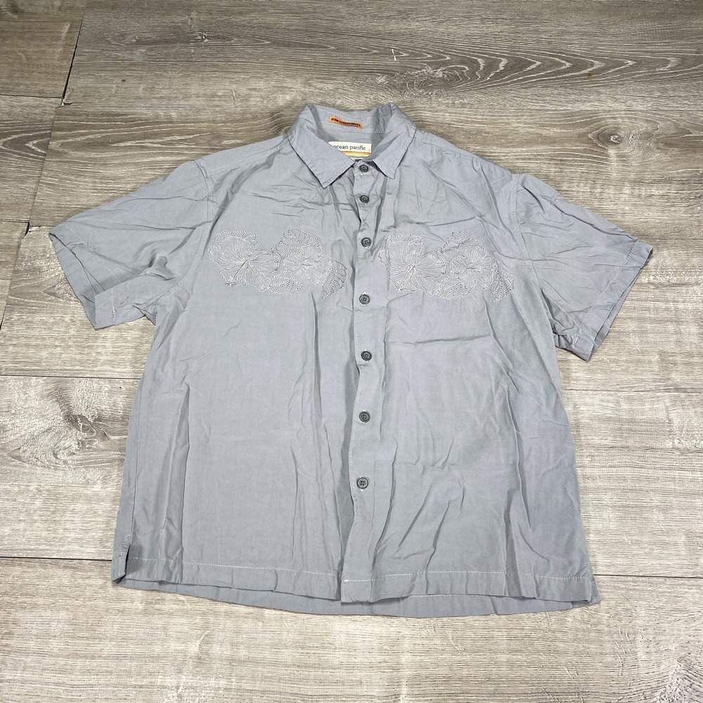 Ocean Pacific Shirt‎ Mens Large Gray Embroidered Hibiscus Floral Button Up Camp